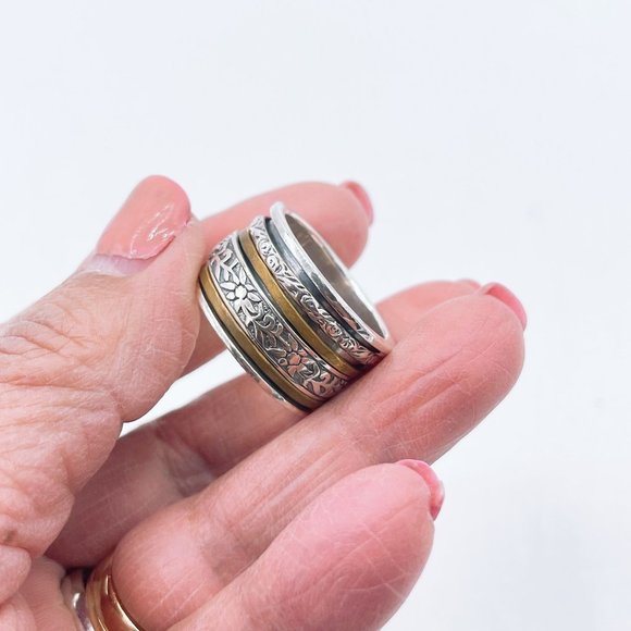 Silpada 925 & Brass Floral Spinner R2293 Band Ring - Size 8.5 - Picture 6 of 8